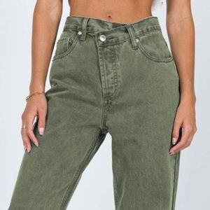 Asymmetric Straight Leg Jean Green Denim